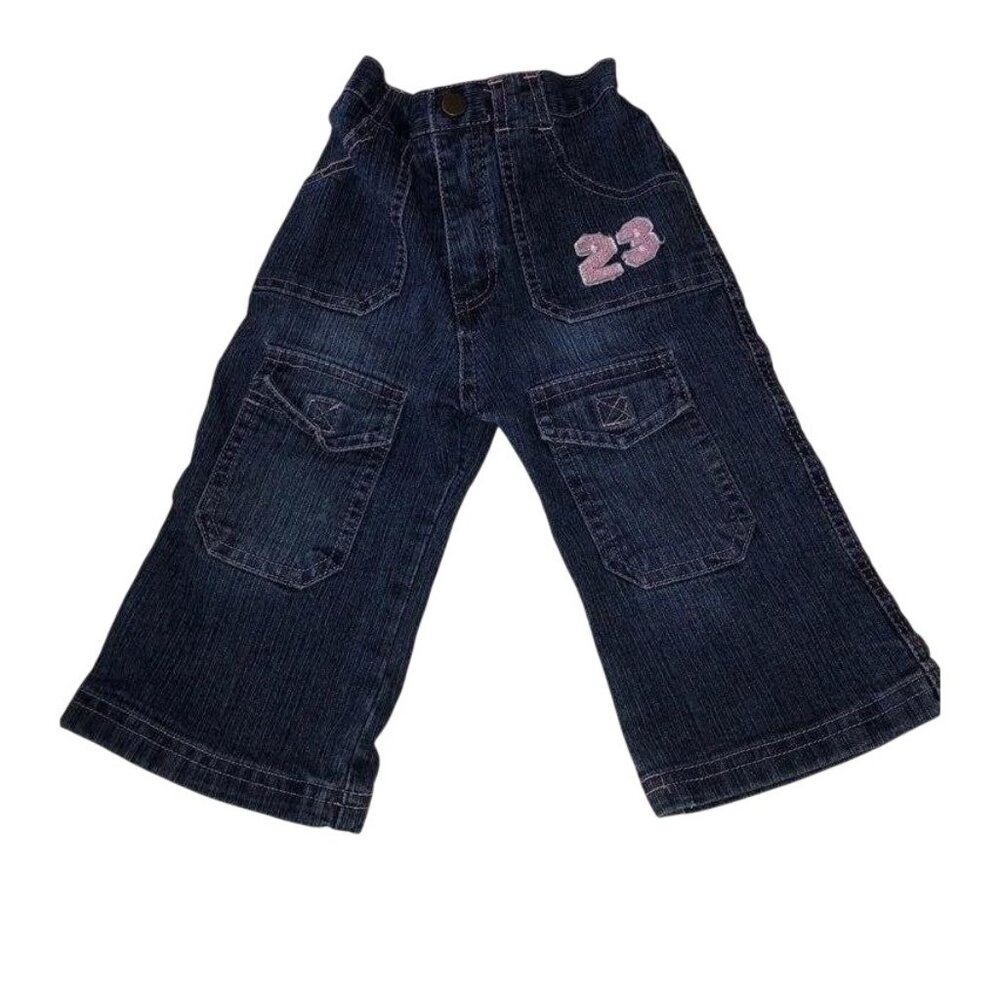 Baby Girls 12M Blue Denim Jeans Pink Heart & Number‎ 23 Embroidery Snap Button